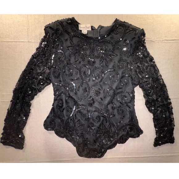 Laurence Kazar Tops - Laurence Kazar Black Silk Beaded Sequin Floral Evening Top Long Sleeve Large